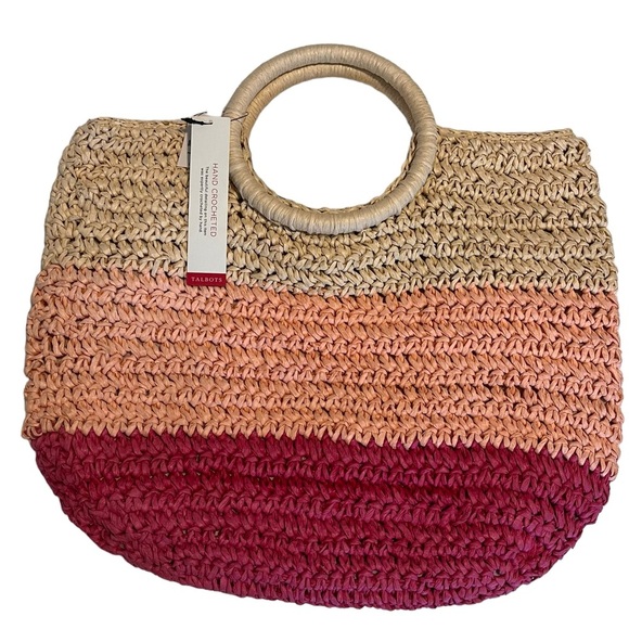 TALBOTS CROCHET STRAW CIRCLE-HANDLED TOTE TRI COLOR PINK PEACH BEIGE NEW - Picture 2 of 3